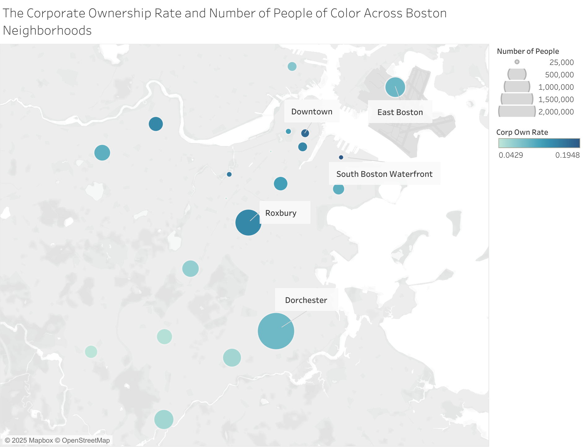 The Corporate Ownership Rate and Number of People of Color Across Boston Neighborhoods